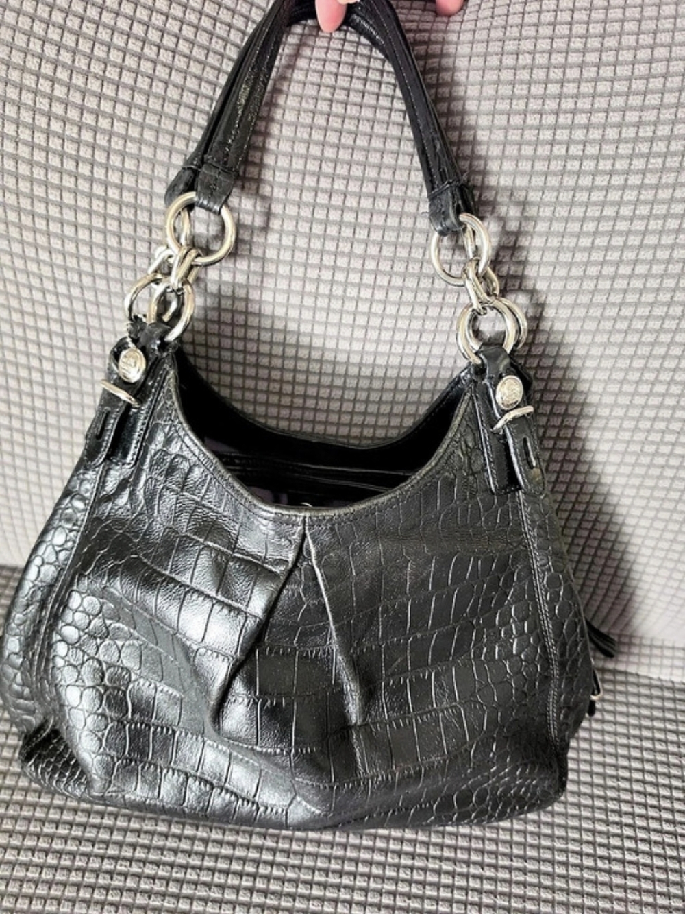 Coach Madison Croc Embossed Maggie Shoulder Bag Black Shoulder Bag